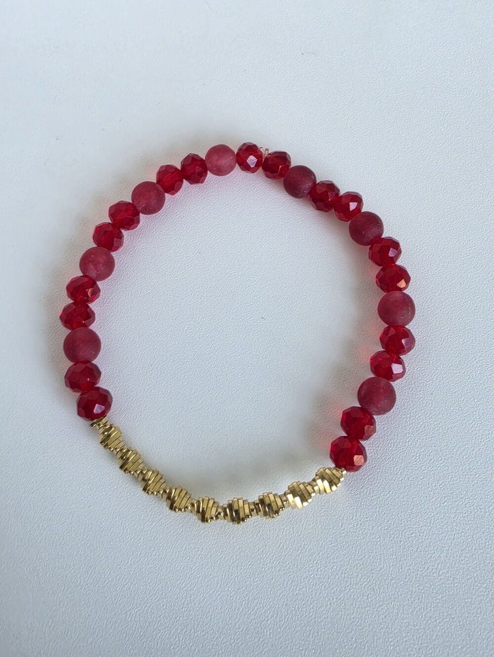 Handmade Red Crystal Stretch Bracelet Gold Tone Spacer Beaded Stackable Boho